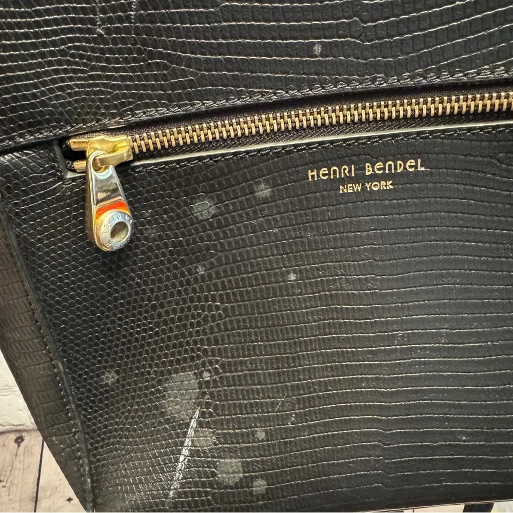 Henri Bendel Black Reptile Embossed Leather Backpack Structured Bag quiet luxury
